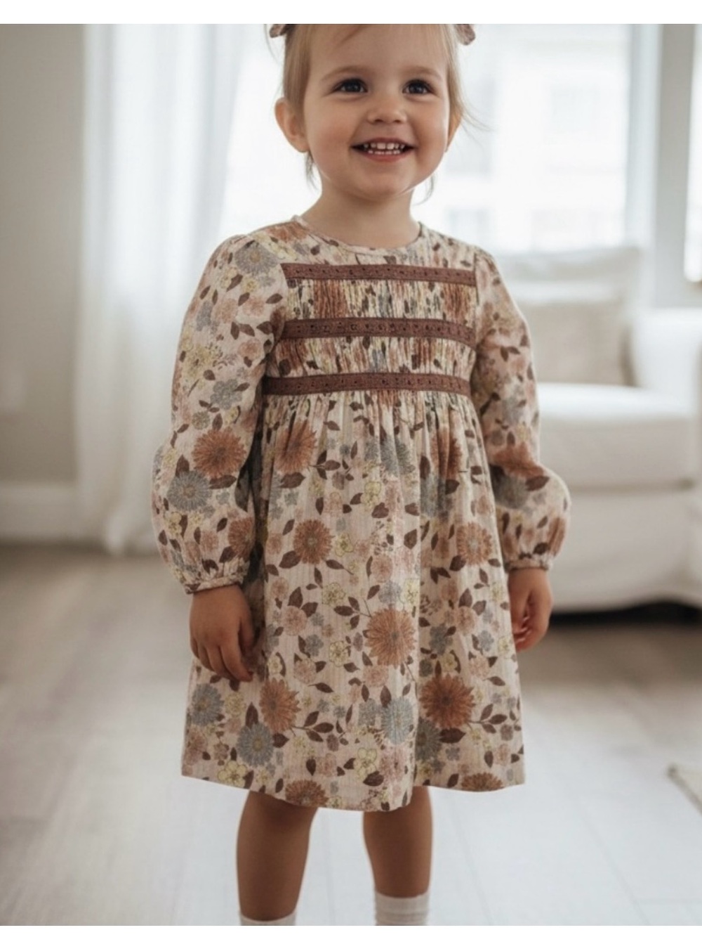 Zara Floral Smocked Long-Sleeve Dress in Beige and Brown